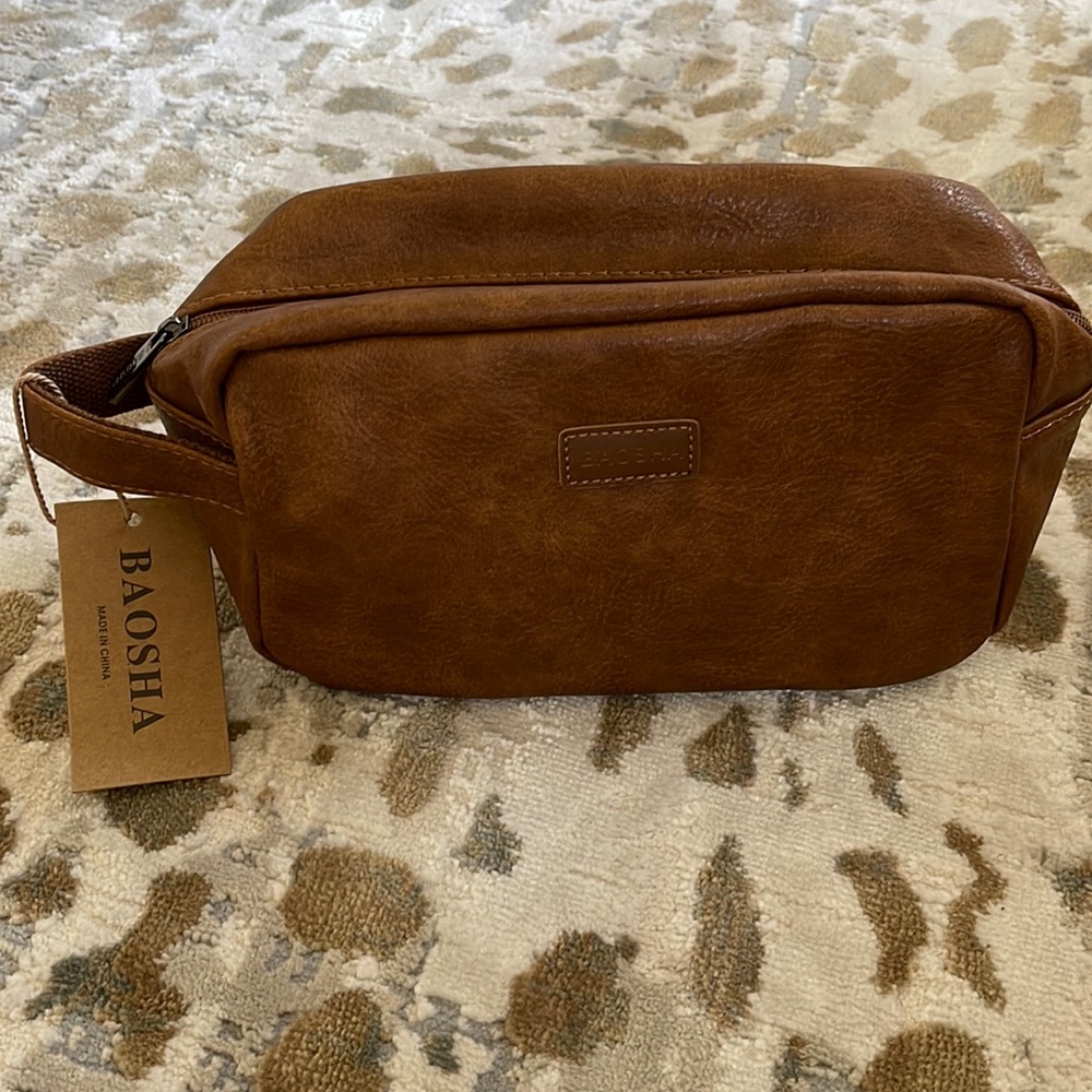 BAOSHA Mens Brown Faux Leather Toiletry Bag Dopp Kit Travel Case NWT